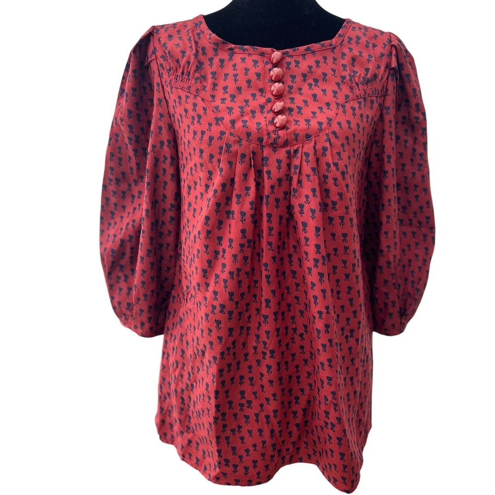 Marc by Marc Jacobs Silk Floral Puff Sleeve Blouse Red Blue Tulip Print Size 4